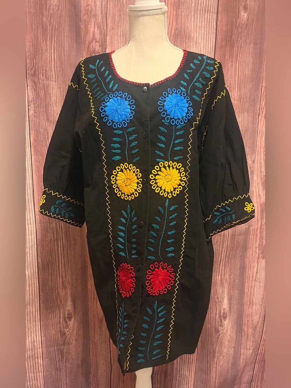 Authentic Mexican Button Front Embroidered Tunic with Balloon Sleeves